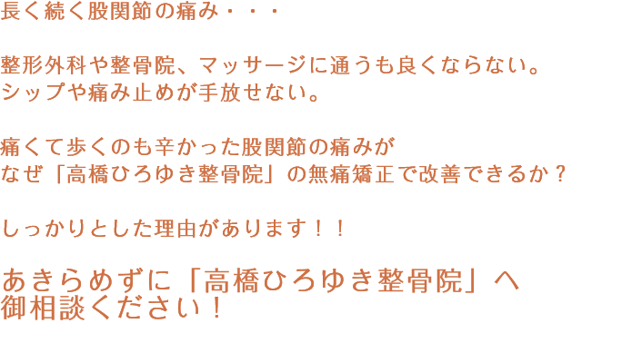 長く続く股関節の痛み...整形外科や整骨院、マッサージに通う良くならない。シップや痛み止めが手放せない。痛くて歩くのも辛かった股関節の痛みがなぜ「高橋ひろゆき整骨院」の無痛矯正で改善できるのか？しっかりとした理由があります！あきらめずに「高橋ひろゆき整骨院」へご相談ください！