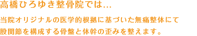 高橋ひろゆき整骨院では...当院オリジナルの医学的根拠に基づいた無痛整体にて股関節を構成する骨盤と体幹の歪みを整えます。