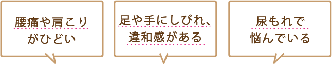 腰痛や肩こりがひどい、足や手にしびれ、違和感がある、尿もれ悩んでいる