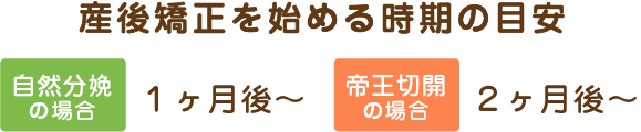 産後矯正を始める時期の目安:自然分娩の場合は、1ヶ月後〜。帝王切開の場合は、2ヶ月後〜
